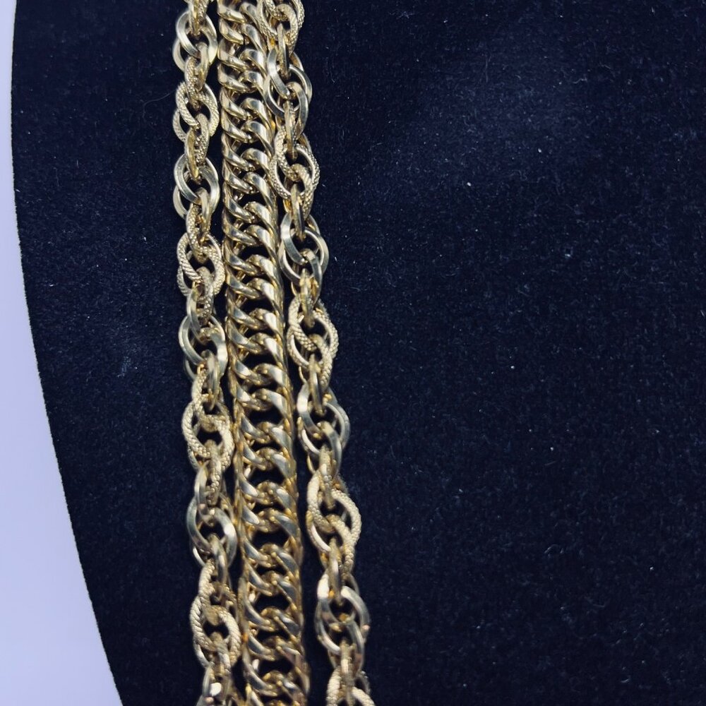 TAN Gold Tone Chunky Triple Strand Necklace With Floral Hook Clasp (5636) - Picture 3 of 6